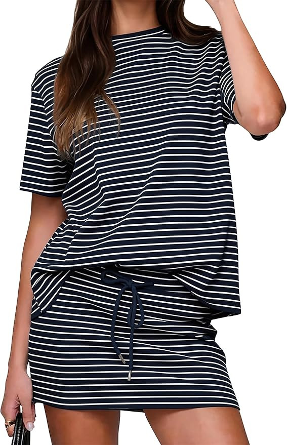 KFUBUO Women's 2 Piece Striped Mini Skirt and Top Set Short Sleeve T Shirt Matching Skort Sets Ca... | Amazon (US)