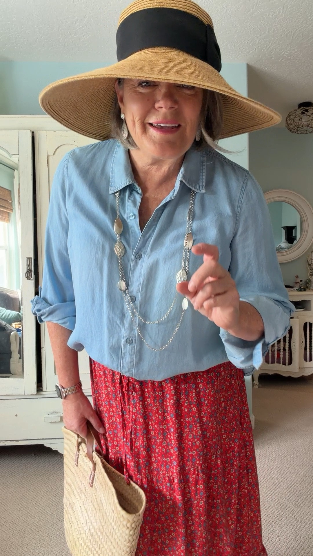 A great blue blouse can be the perfect item to have in your closet because it can go with everything! A fun red flowy skirt, a great necklace, a straw bag and great straw hat! 

#fashionover50 #styletipsforwomenover50

#LTKMidsize