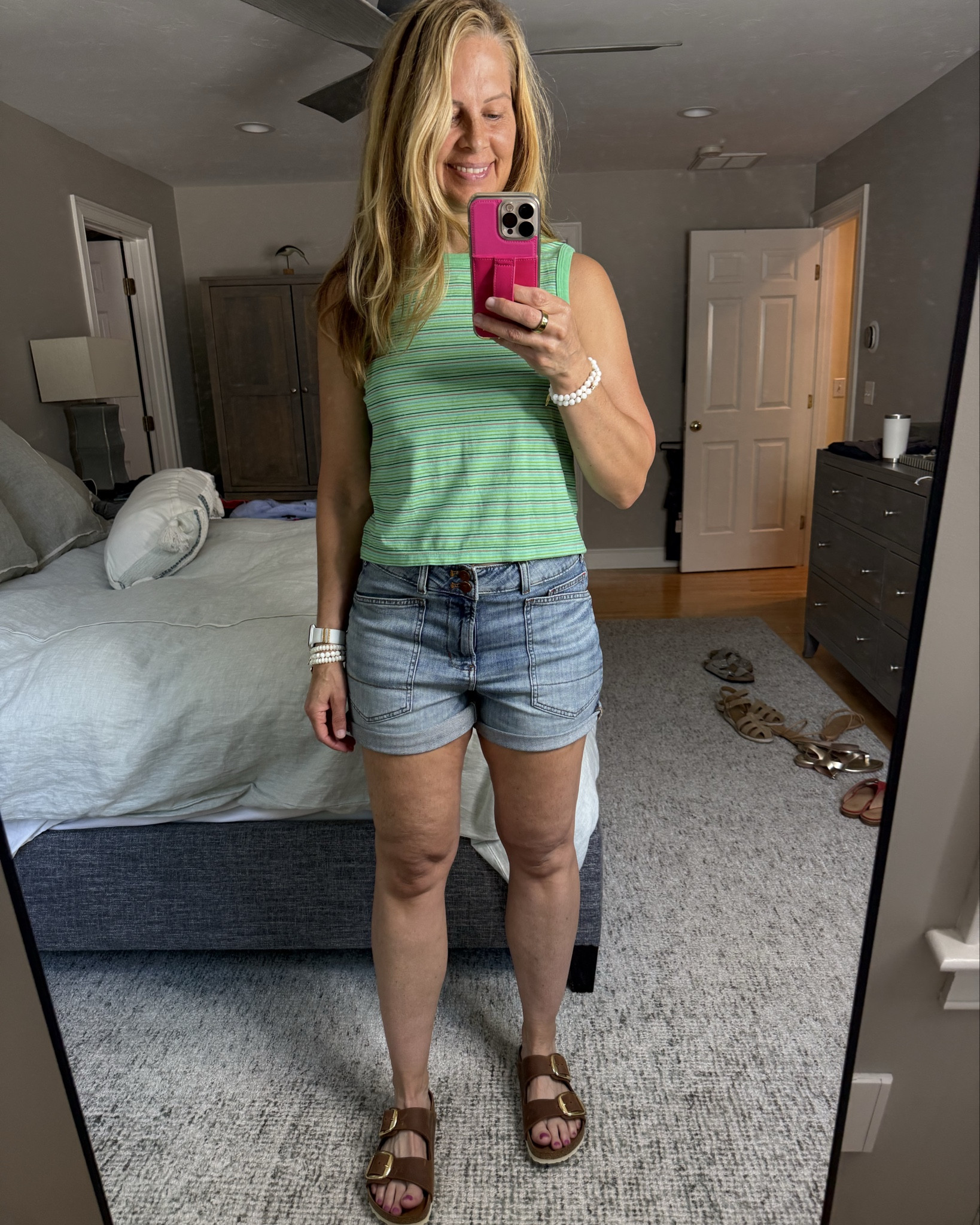 Cute shorts so comfortable and amazing green striped mother tank!  So soft and true to size!  