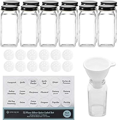 Premium Spice Jar Set -12 Square Glass 4 oz Spice Bottles, 72 Deluxe Labels, 12 Shaker Tops, Blac... | Amazon (US)