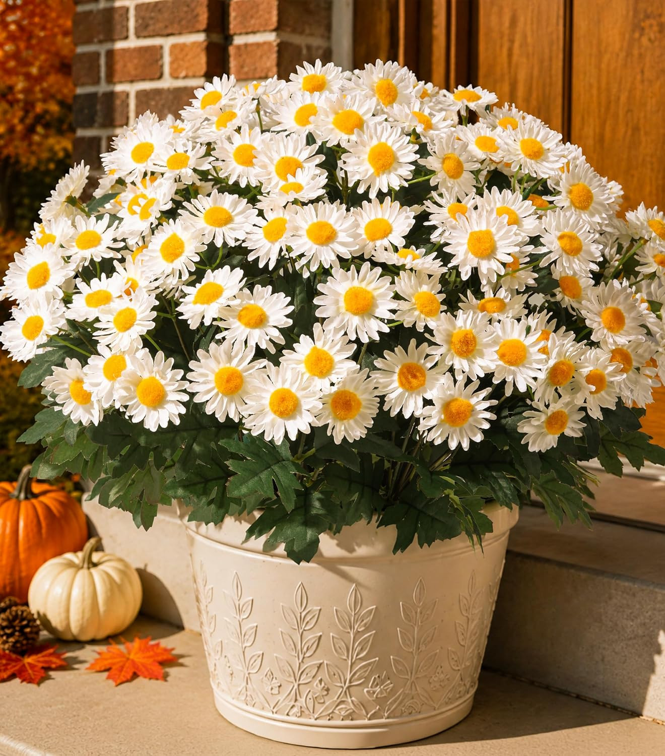 Artificial Fall Faux Mums Flowers Outdoor Plants for Decoration, 6 Bundles Fake Silk White Gerbera Daisy Flowers UV Resistant Look Real for Planter Outside Front Door Porch Patio Balcony | Amazon (US)