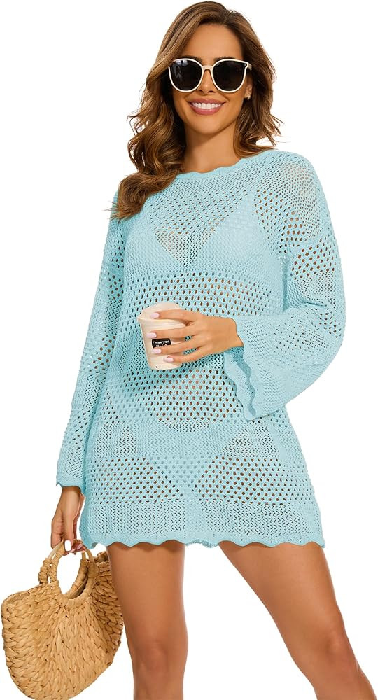 LOZ Women Swimsuit Crochet Swim Cover Up 2024 Summer Bathing Suit Swimwear Mesh Knit Beach Dress ... | Amazon (US)