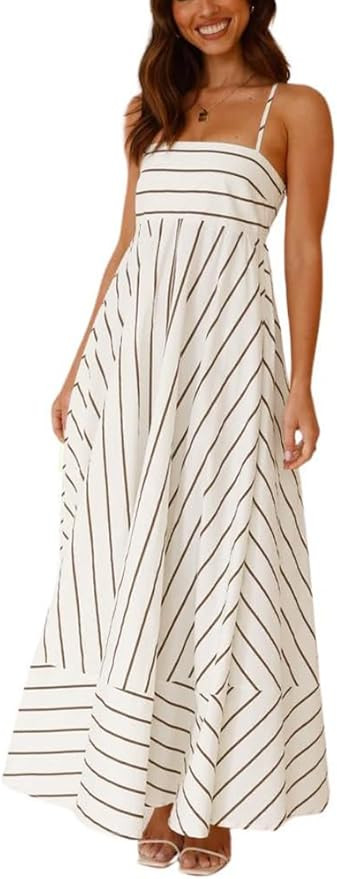 chouyatou Women's Summer Striped Spaghetti Strap Maxi Dress Boho Flowy Swing Back Smocked Beach S... | Amazon (US)