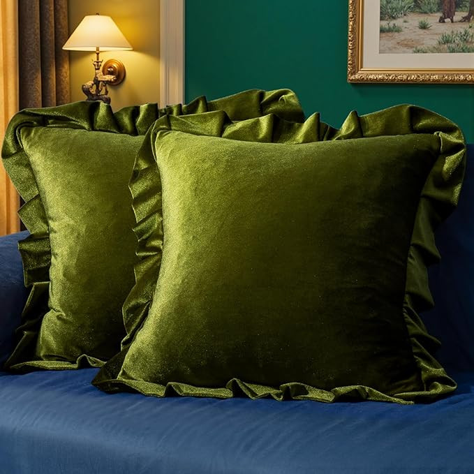 MIULEE Velvet Ruffle Throw Pillow Covers Soft Luxurious Olive Green Pack of 2 18x18 Inch Square C... | Amazon (US)