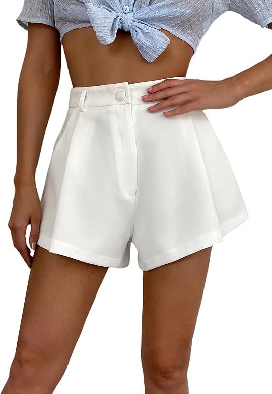 WDIRARA Women's High Waist Wide Leg Slant Pocket Shorts Casual Button Shorts | Amazon (US)