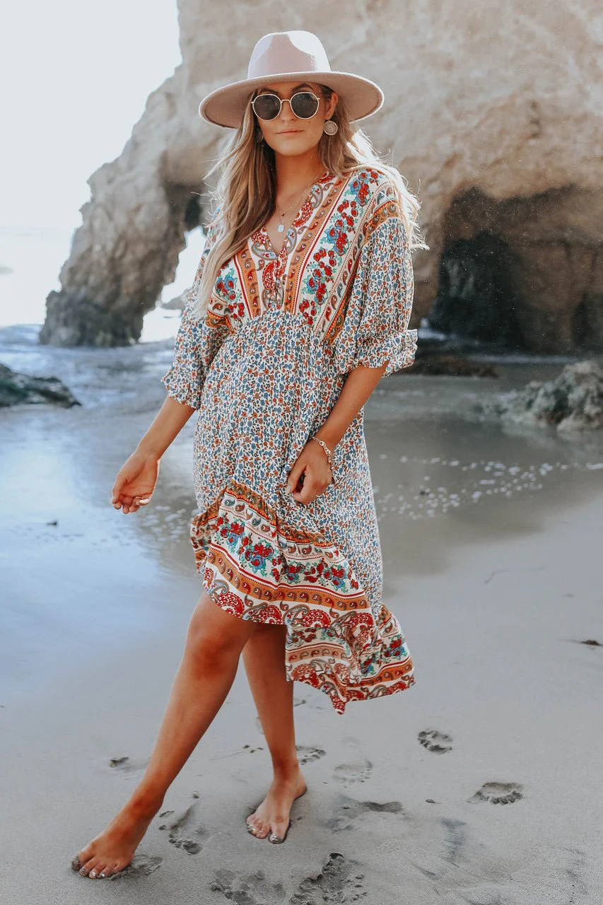 Mediterranean Mixed Floral Border Print Ruffle Hem Maxi Dress | Magnolia Boutique