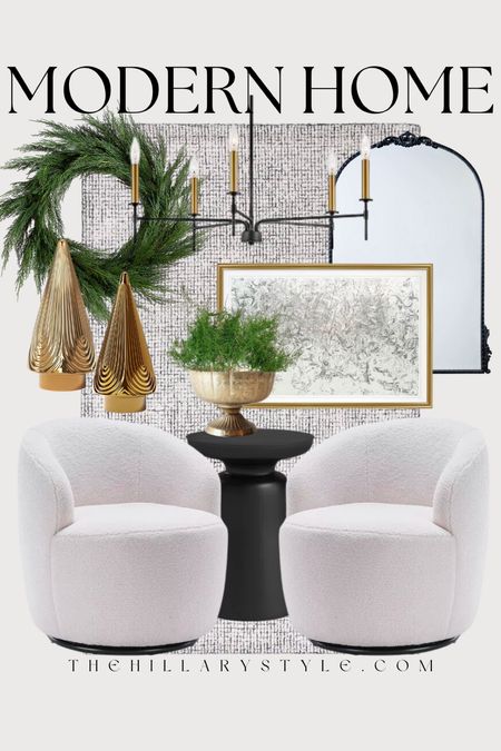Modern Home: furniture and home decor finds for the modern holiday home. Accent chair set, neutral area rug, black accent table, black arched mirror, framed winter arts black and gold chandelier, holiday wreath, gold tree, gold footed bowl, faux greenery. Target, Wayfair, Afloral, Kirklands, Crate & Barrel.

#LTKhome #LTKHoliday #LTKSeasonal