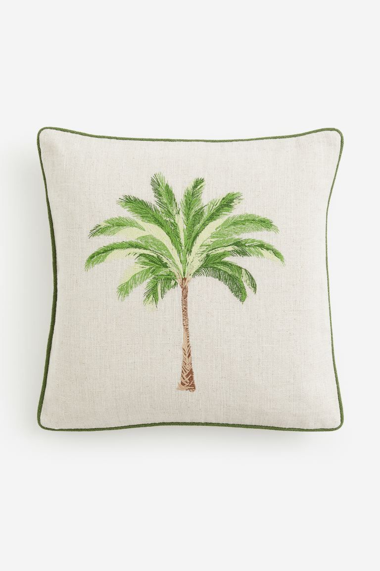 Linen-blend Cushion Cover - Light beige/palm tree - Home All | H&M US | H&M (US + CA)