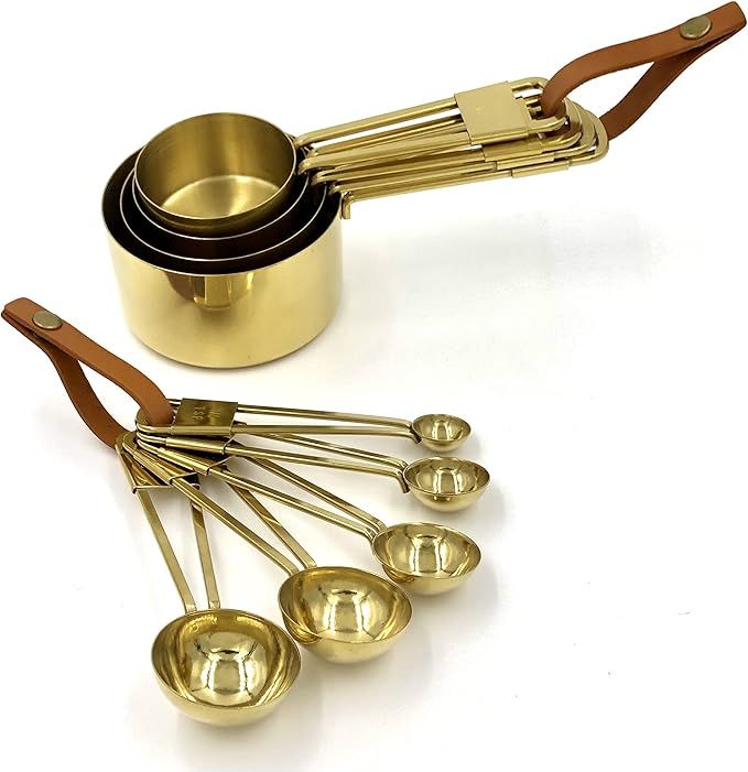 XINLI Measuring cups and spoons set, stainless steel with durable copper plating, plus brown leat... | Amazon (US)