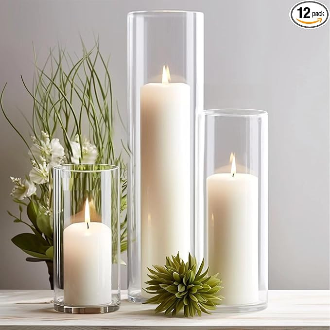 Set of 12 White Pillar Candles with Glass Cylinder Vases Clear Hurricane Glass Candle Holders for... | Amazon (US)