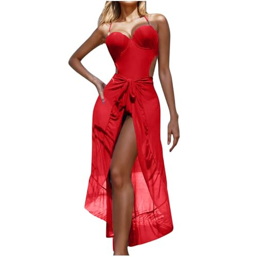 Women's One Piece Swimsuit with Cover Up Ruffle Hem Flowy Skirt Wrap Bathing Suits with Beach Coverup Sets Swimwear Red | Amazon (US)