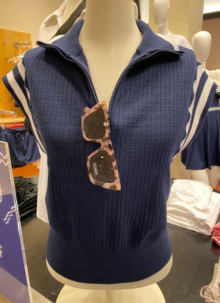Cute preppy open knit vest top. I love the navy, collar, and stripe details   