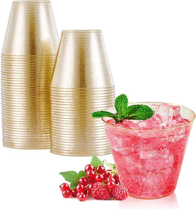 JOLLY CHEF 50 Pack 9 oz Glitter Plastic Cups, Disposable Gold Cups, Clear Plastic Tumblers for We... | Amazon (US)