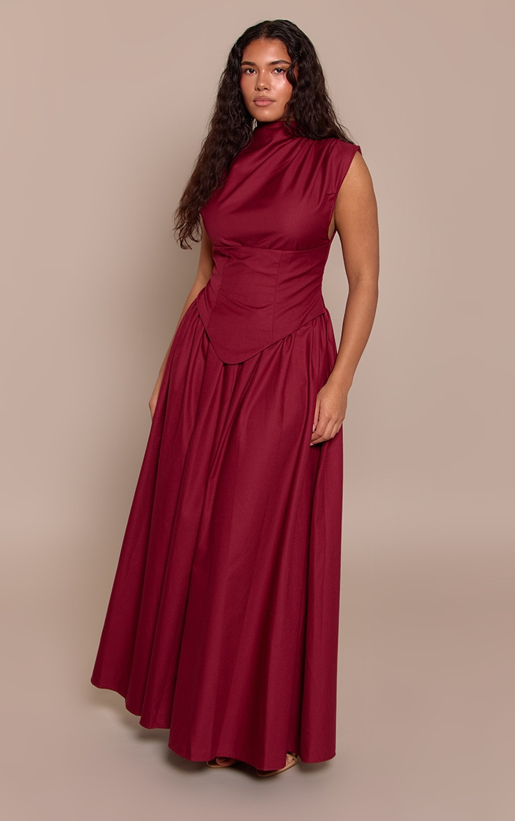 Shape Burgundy Woven High Neck Corseted Maxi Shift Dress | PrettyLittleThing US