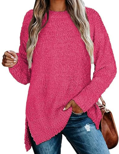 Hot Pink Sweater Womens Long Sleeve Popcorn Knit Side Split Sweater Jumper Tops, M | Amazon (US)