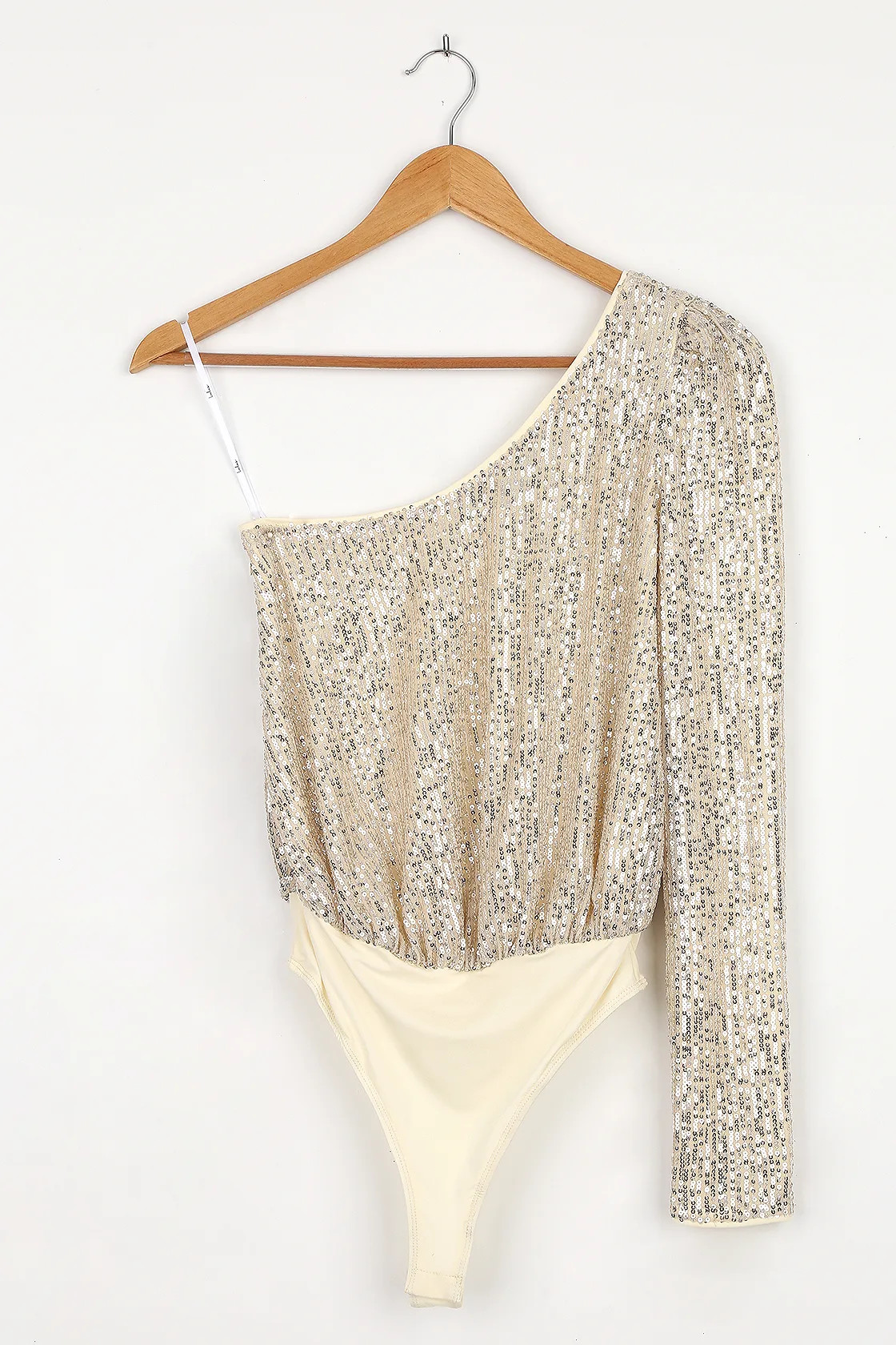 Dancing Diva Cream and Silver Sequin One-Shoulder Bodysuit | Lulus (US)