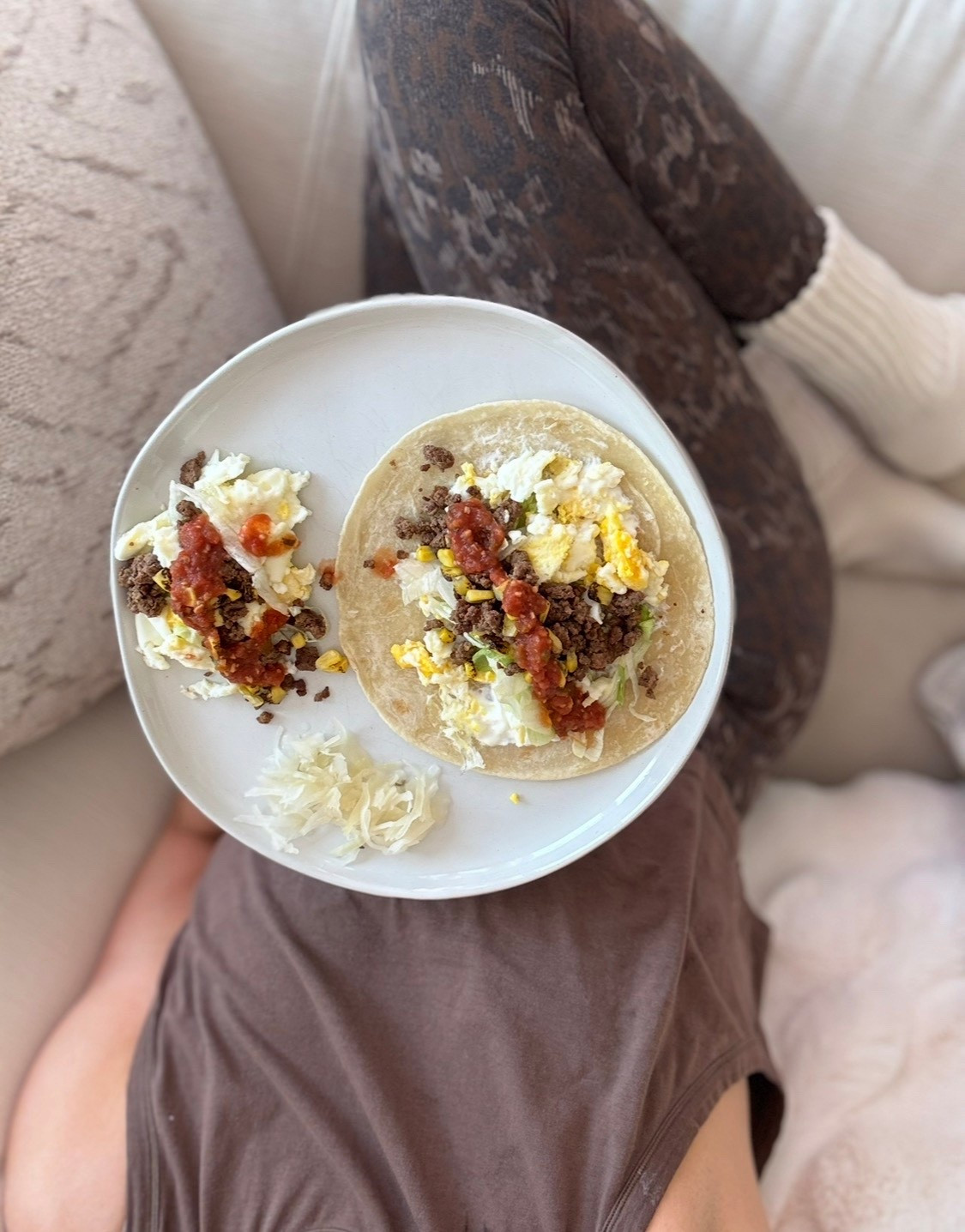 Breakfast taco with leftover taco seasoned ground beef! And I’ll forever be a Lululemom leggings girl 🤎

#LTKootd #LTKmomlife #LTKfoodie