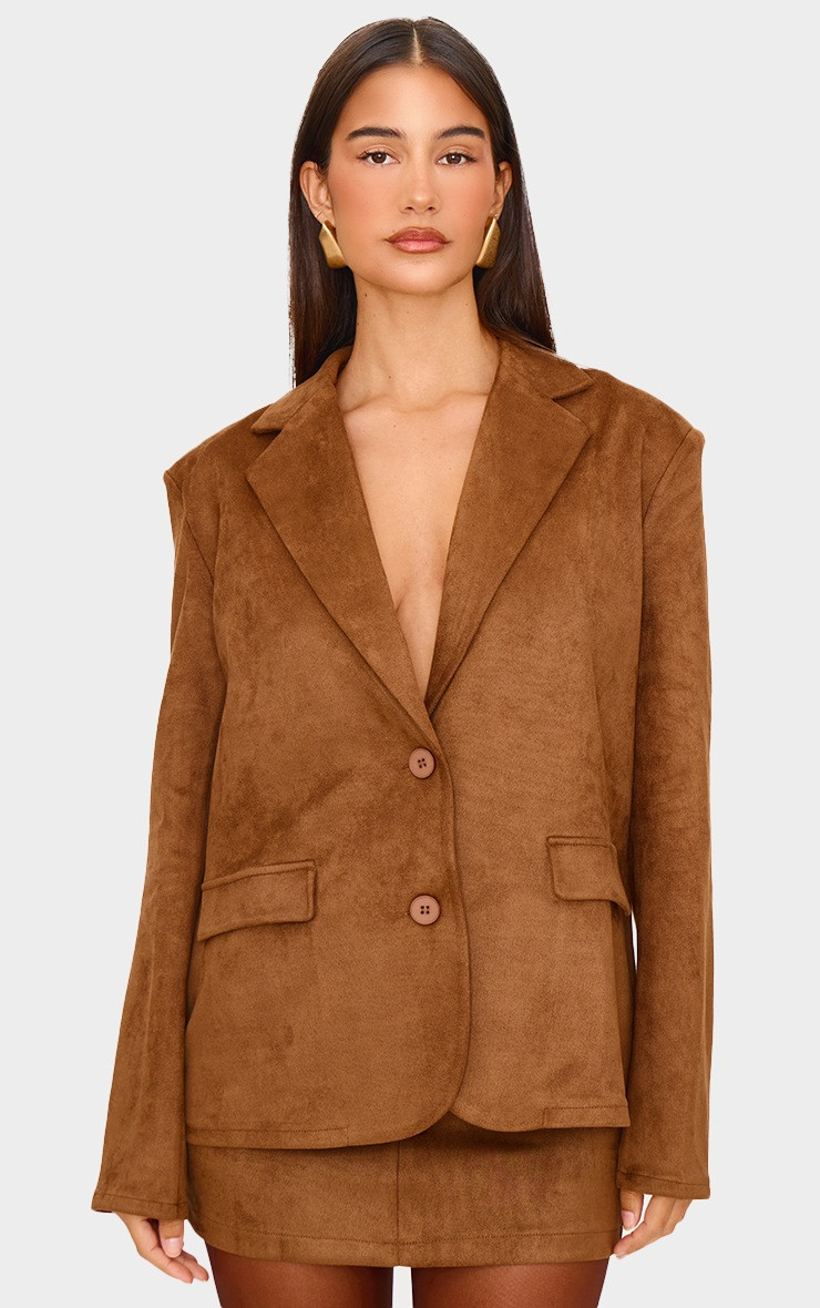 Brown Faux Suede Tailored Oversized Blazer | PrettyLittleThing US