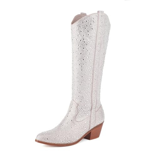 XEYANFYS Rhinestone Cowgirl Boots Sparkly Cowgirl Boots Wide Calf Cowboy Boots Pointed Toe Shiny Boots Diamond Chunky Heel Side Zipper Boots, silver, 8 | Amazon (US)