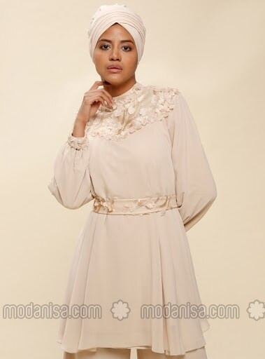 Tunique Ornement Fleurs avec Ceinture - Beige - Raşit Bağzıbağlı X Modanisa | Modanisa FR