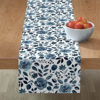 Rose Table Runner - Navy Blue Watercolor By Red Raspberry Design Floral Garden Roses Cotton Sateen S | Etsy (US)