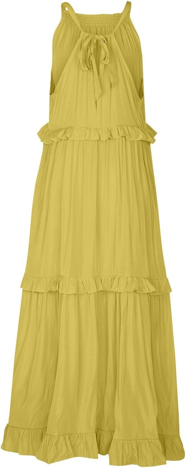 Smocked Dress Women Summer Sleeveless Tank Sundress Halter Tie Back Loose Flowy Ruffle Maxi Dress... | Amazon (US)