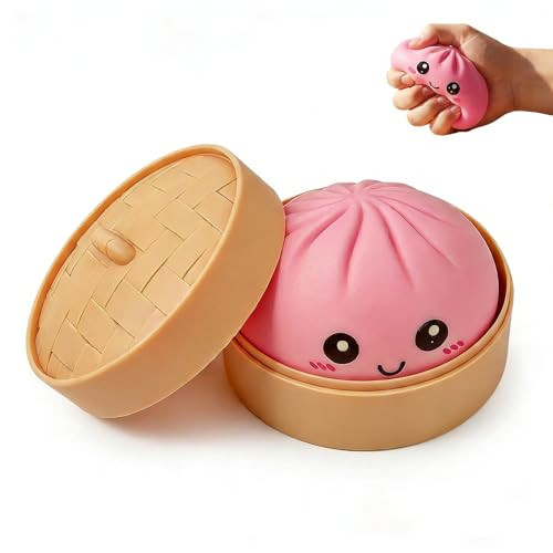 Giant Dumpling Squishy Stress Relief Desk Fidget ,Jumbo Soft Squeeze Decompression Squishy with Steamer Box, Funny Office Desk Decor & Relaxation Gift, Easter Basket Stuffers(Pink Cute Face) | Amazon (US)