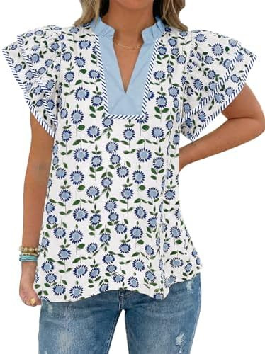 Tankaneo Womens Ruffle Sleeve Floral Blouses Summer Dressy Casual V Neck Tops Loose Fit Pleated F... | Amazon (US)