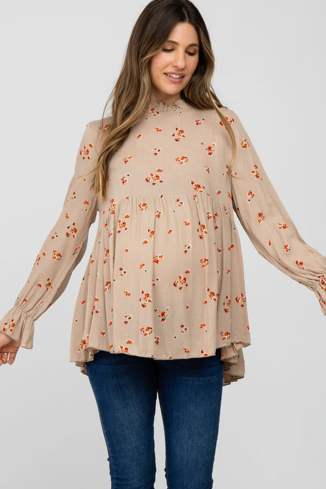 Taupe Floral Babydoll Maternity Blouse | PinkBlush Maternity