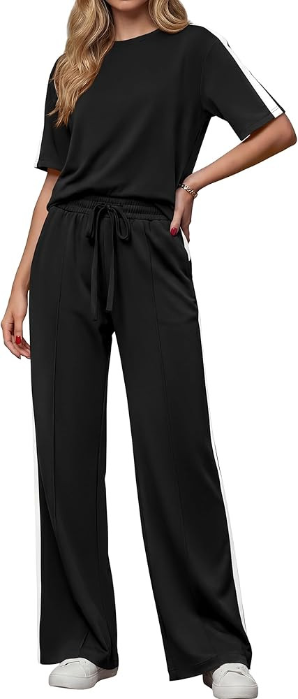 PRETTYGARDEN Women's 2 Piece Sets Summer Casual Sweatsuits Wide Leg Pants Matching Lounge Set Vac... | Amazon (US)
