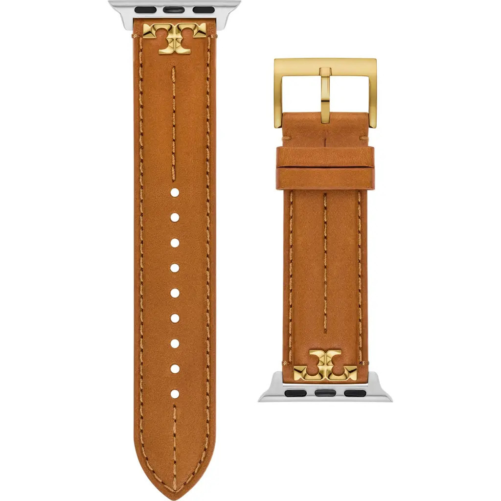 Tory Burch The Kira Leather 20mm Apple Watch® Watchband in Brown at Nordstrom, Size 38 Mm | Nordstrom