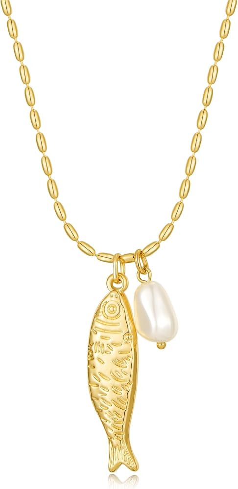 Fish Pendant Necklace for Women 14k Gold Plated Ball Chain Bohemian Pearl Fish Charm Pendant Neck... | Amazon (US)
