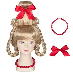 Miss U Hair Christmas Girl Wig Long Blonde Braid Who Wig for Kids Children with Red Necklace and ... | Amazon (US)
