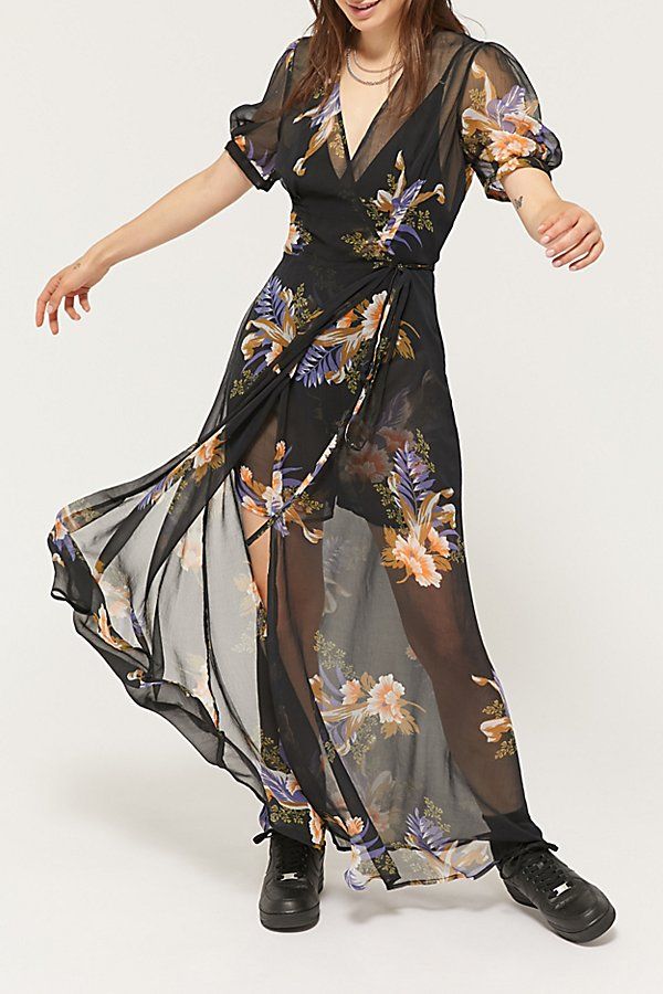 UO Lohi Sheer Floral Wrap Maxi Romper - Black Xs at Urban Outfitters | Urban Outfitters (US and RoW)