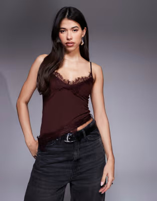 ASOS DESIGN mesh cami top lace trim cami top with asymmetric hem in chocolate | ASOS (Global)