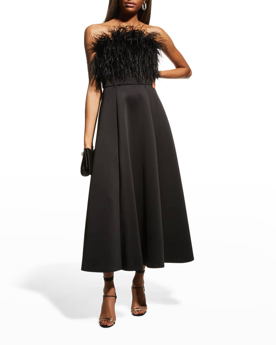 Badgley Mischka Collection Strapless Scuba Dress w/ Feathers | Neiman Marcus