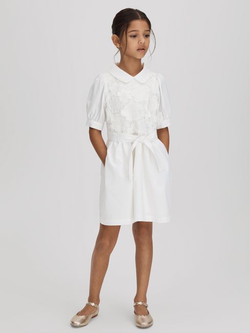 Reiss Ivory Dannie Junior Embroidered Puff Sleeve Dress | Reiss US