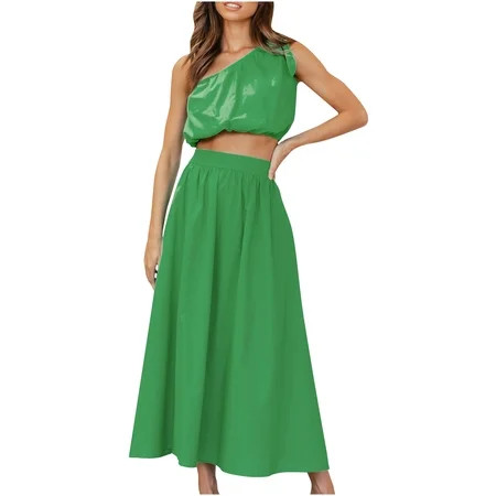 YWDJ 2 Piece Outfits for Women Fashion Summer Casual Sloping Shoulders Lace-up Dress Two Piece Set G | Walmart (US)