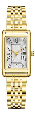 BESTKANG Rectangle Watches for Women Stainless Steel Strap Womens Watch Dainty Fashion Waterproof Square Women's Wrist Watch (Gold White) | Amazon (US)