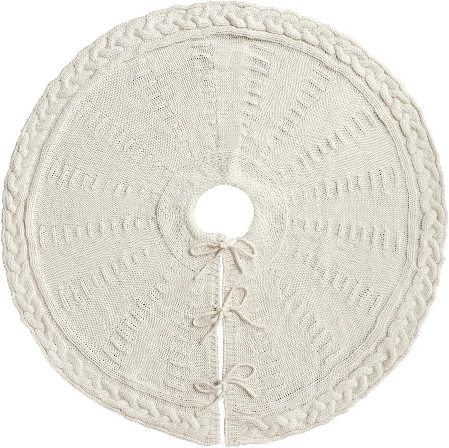 36-Inch Cream Braided Cable Knit Christmas Tree Skirt - Rustic Farmhouse Holiday Decor | Amazon (US)
