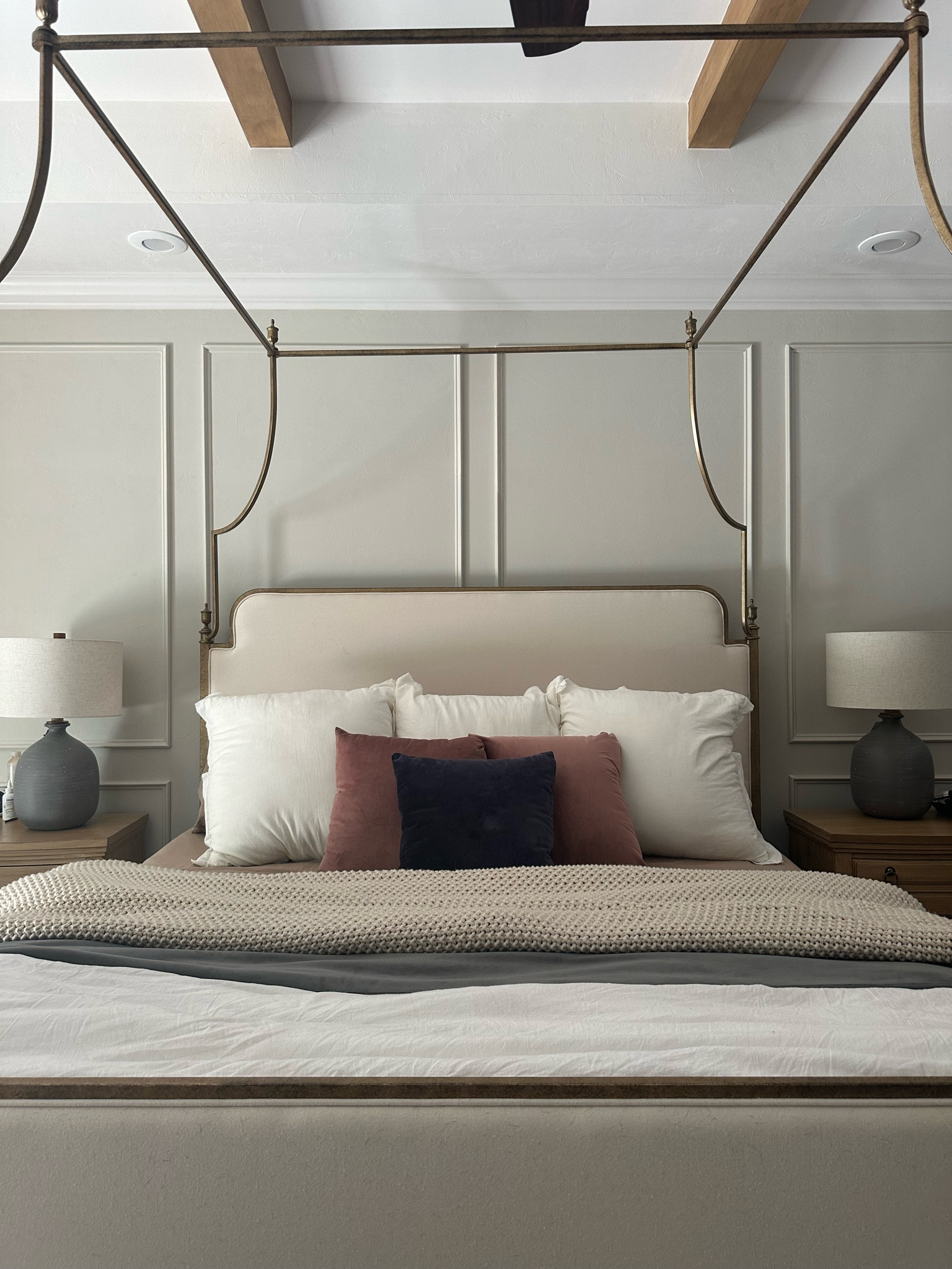 Brass gold canopy bed bedroom furniture with casaluna target Amazon and heart and hand bedding with lamps on diy night stands. Cream white blue navy mauve cream and gray inspo

#LTKOver40 #LTKHome #LTKSaleAlert
