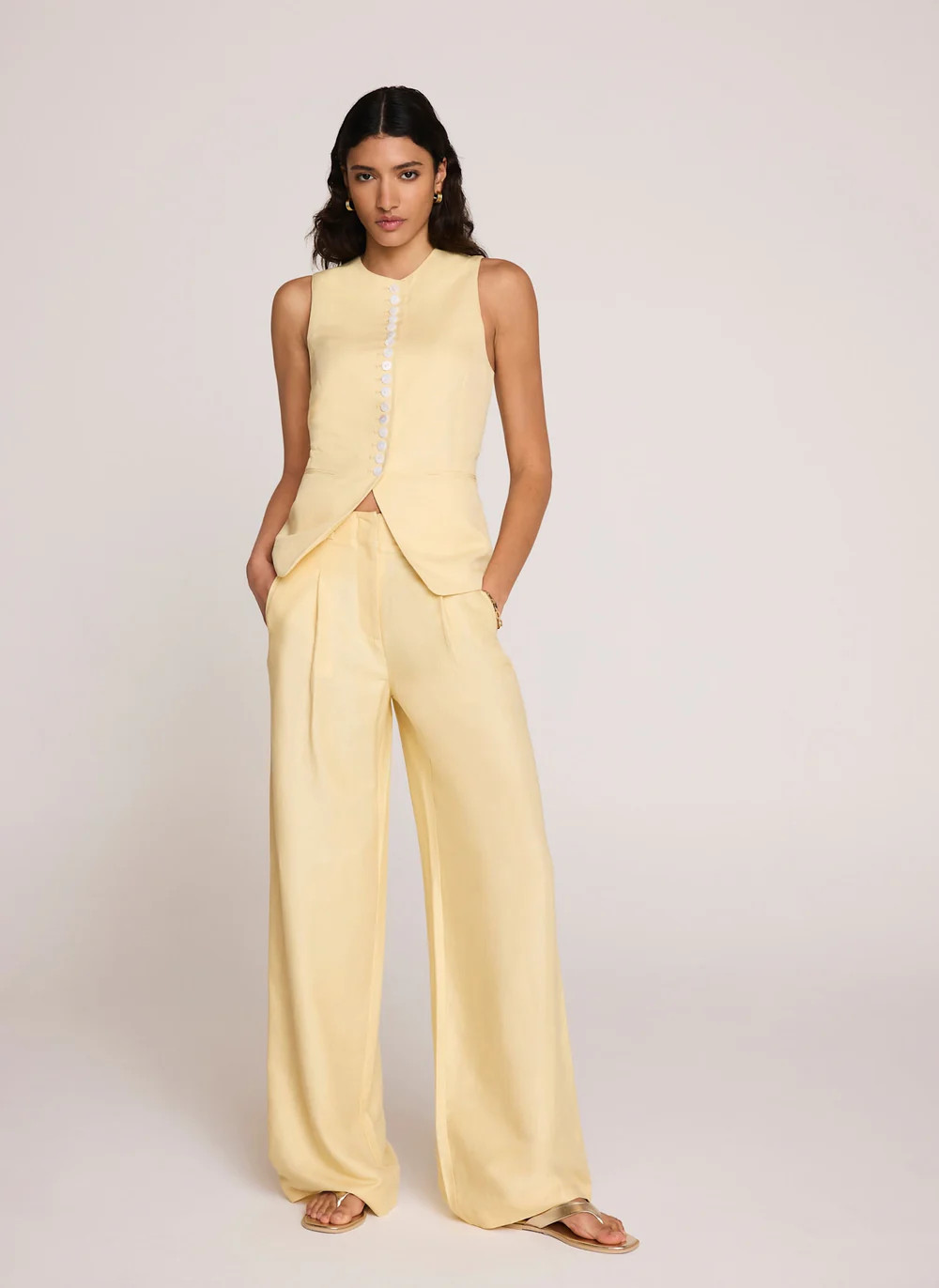 Yellow Linen Blend Pleated Wide Leg Trousers | Mint Velvet