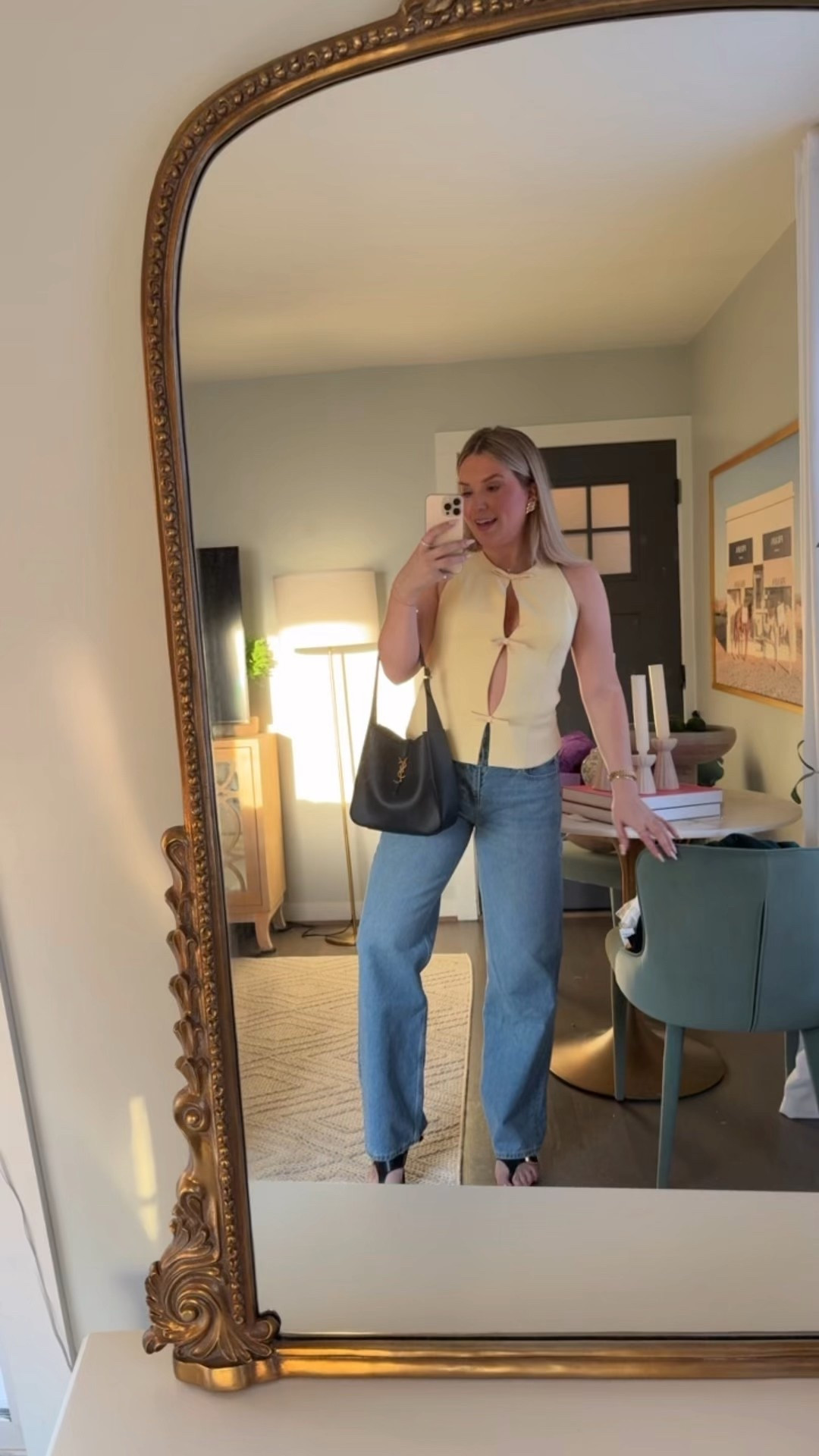Abercrombie outfit and keeks handbag 💛 wearing 27 in jeans/ M in top! 

#LTKSeasonal #LTKStyleTip
