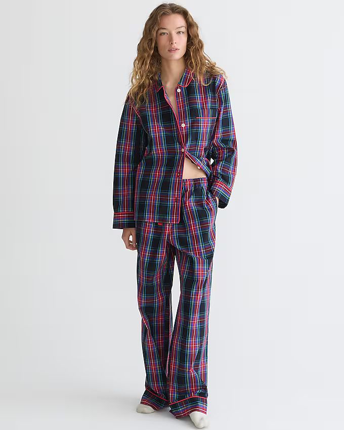 Long-sleeve cotton poplin pajama set in black Stewart tartan | J.Crew US