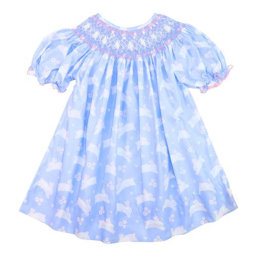 Blue And Pink Smocked Bunny Print Dress | Cecil and Lou