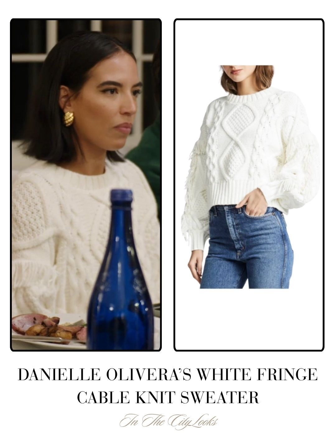 Danielle Olivera’s White Fringe Cable Knit Sweater