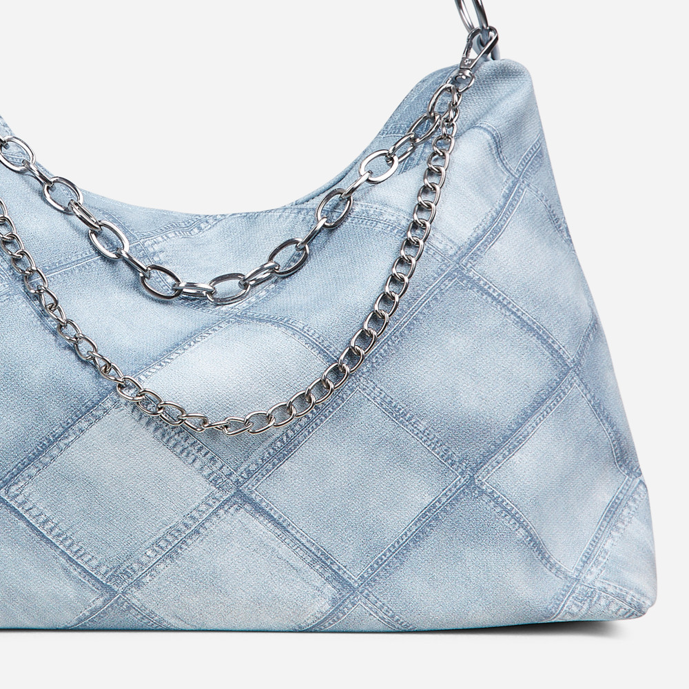 Highlight Knotted Strap Chain Detail Slouch Shoulder Bag In Blue Quilted Denim | EGO Shoes (US & Canada)