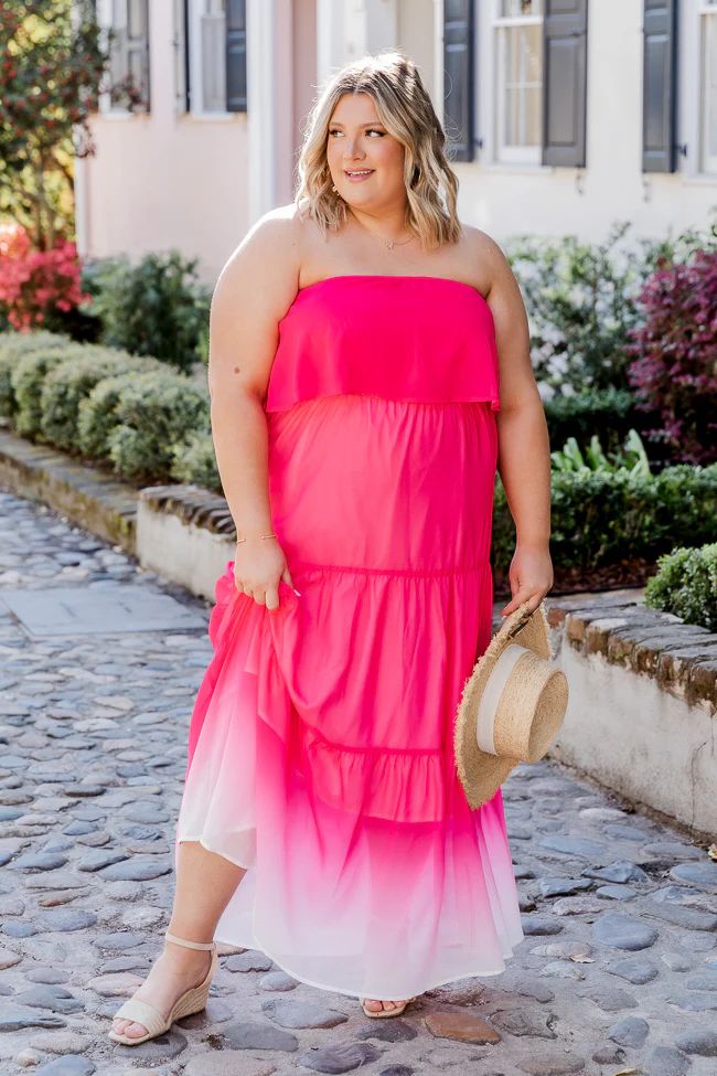 Bright On Time Hot Pink Ombre Strapless Maxi Dress FINAL SALE | Pink Lily