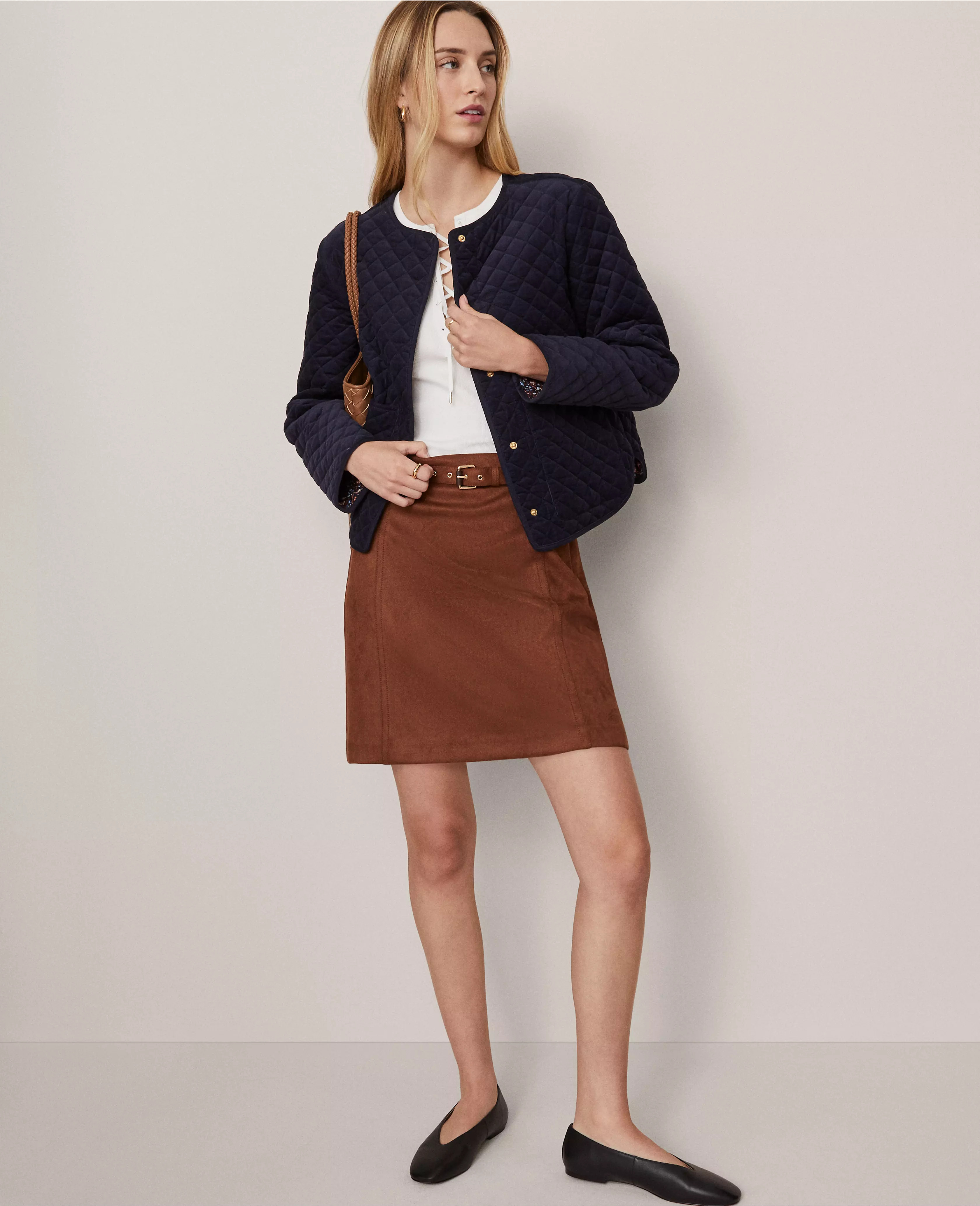 Weekend Collection Faux Suede Belted A-Line Skirt | Ann Taylor
