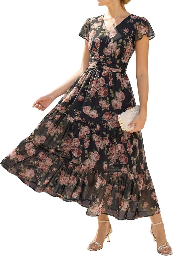 GRACE KARIN 2026 Women Summer Dress,Maxi Short Sleeve Floral Dresses,Semi Formal Flowy Wedding Gu... | Amazon (US)
